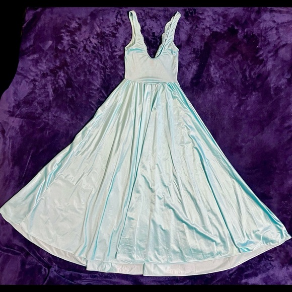 M Vintage 70s Olga Teal stretchy satin-like maxi dress nightgown - Picture 5 of 16